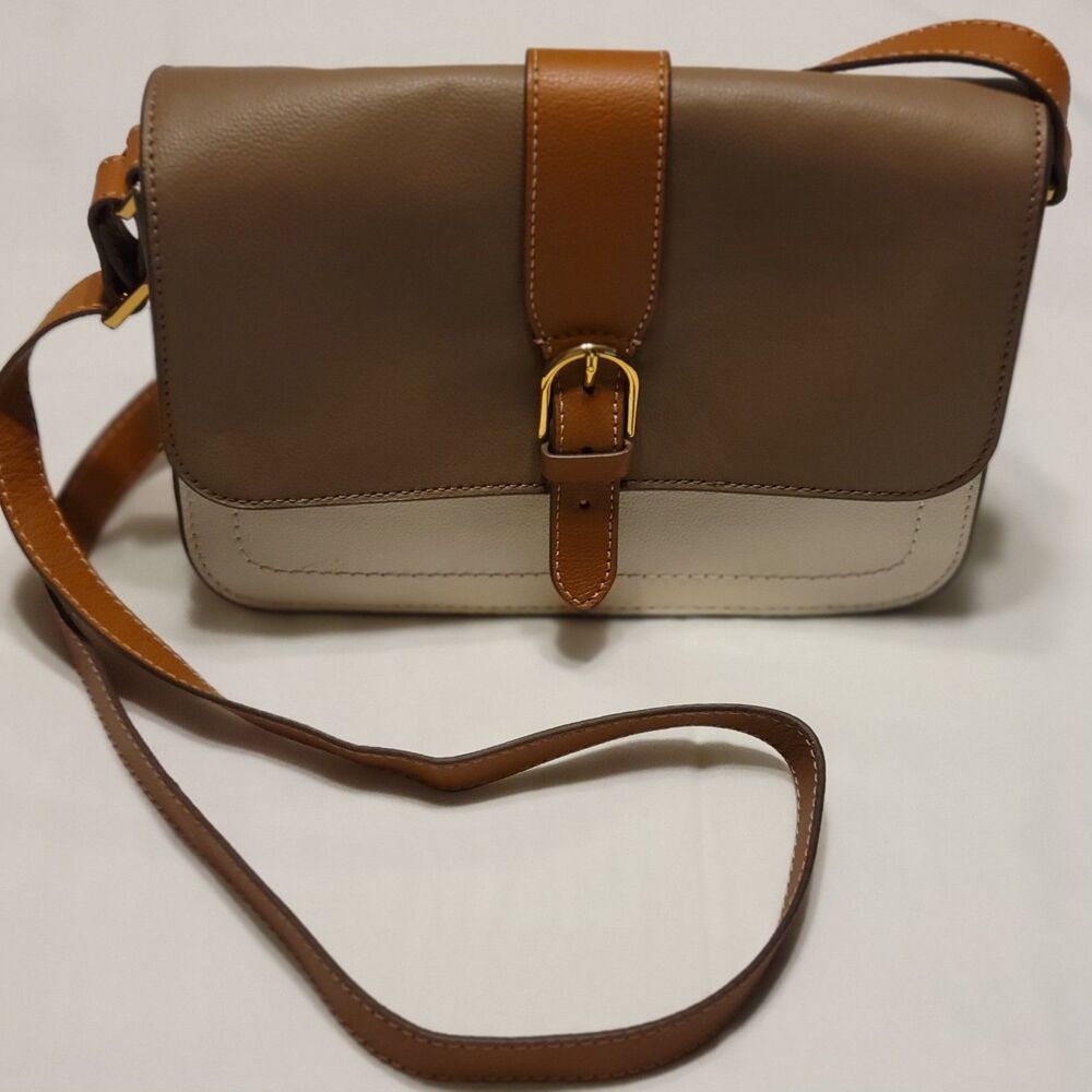 Fossil Medium Leather White Tan Beige Shoulder Crossbody Purse Bag - Picture 2 of 14